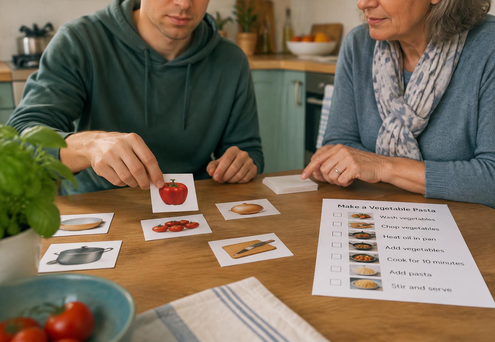 A young adult learner and an educator sorting picture cards and a checklist at a kitchen table